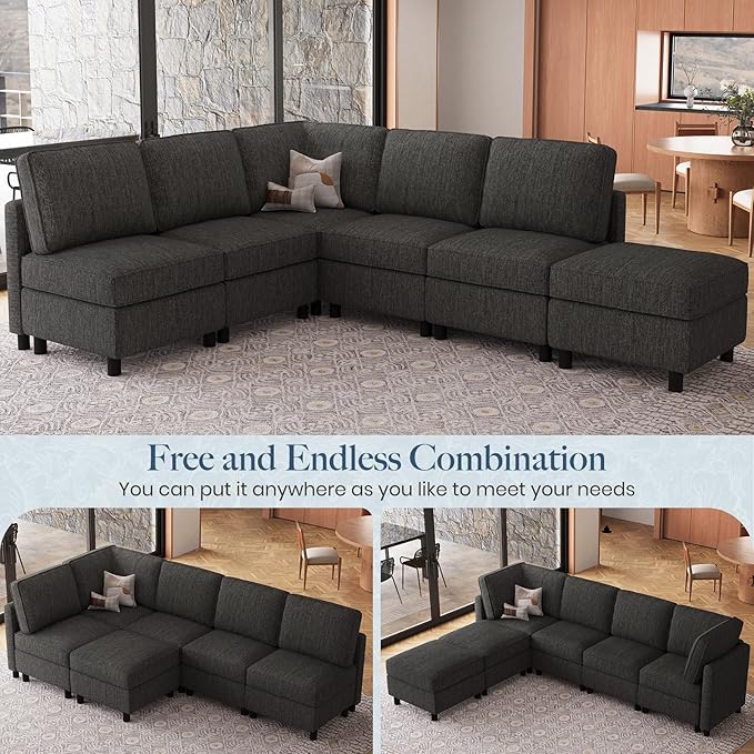 Belffin 107.1" 6 Seats L Shaped Couch Modular Sectional Sofa Seat Couch with Storage Comfy Washable Sectional Couches for Living Room Sofas with Chaise,Dark Grey