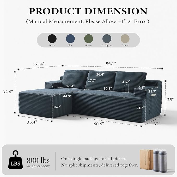 96" Sectional Couches for Living Room Cloud Couch Sofa with L-Shape Upholstered Boneless Couchs Modern Modular Sectional Couch with Chaise (Dark Grey, 96" W+Left Facing Chaise+2Seaters)