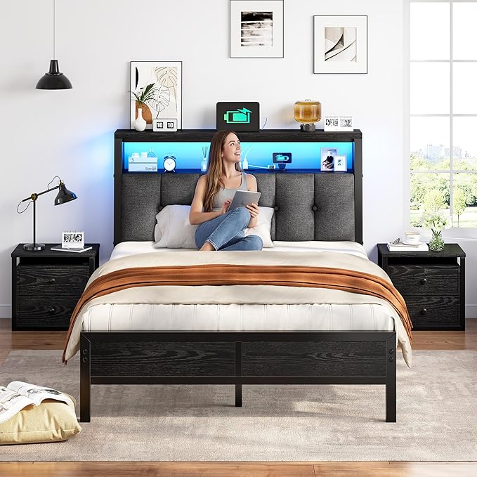 Homkdom Full Size Bed Frame Smart RGB LED Lights, Grey Upholstered Headboard with Charging Station Type C&2-Tier Storage Shelves,12" Under-Bed Storage, Noise-Free,Easy Assembly,Black