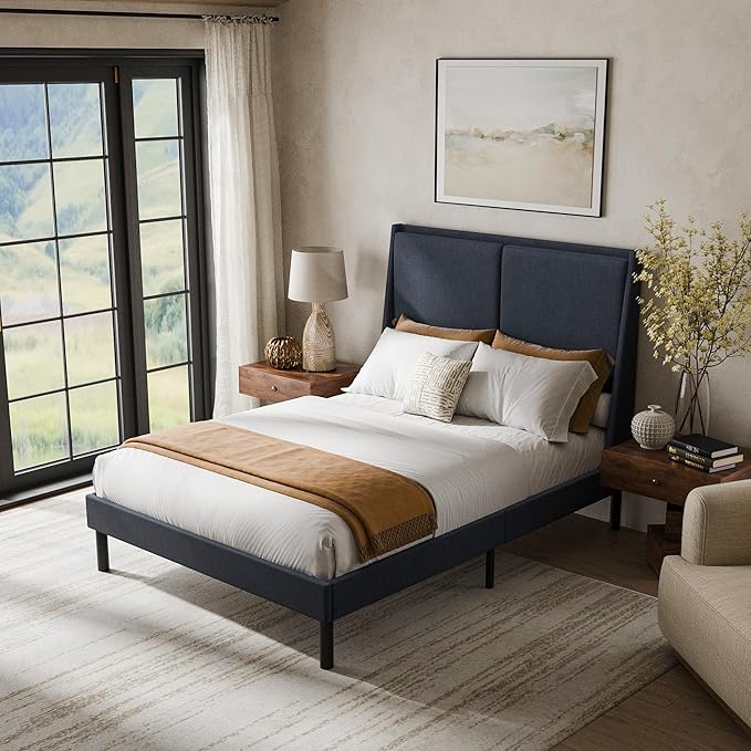 Cozy Castle Full Size Upholstered Platform Bed Frame with 51.2" Tall Wingback Headboard, Double Backrest Metal Bed Frame, No Box Spring Needed, Easy Assembly, Bedroom Furniture, Navy Blue