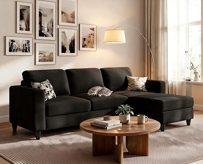 73" Sectional Sofa Couch for Living Room, Black Convertible L Shaped Sofa with Reversible Ottoman, 8" Extra Thick High-Density Cushions, Modern Velvet Fabric 3 Seater Sofa for Small Space