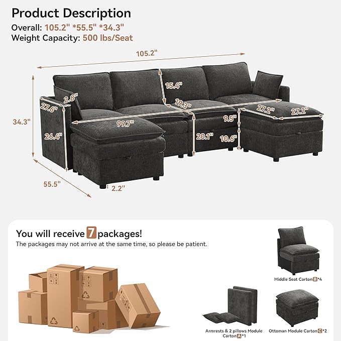 105" Cloud Modular 4 Seater Sofa with 2 Storage Ottoman, Modern Upholstered Sofa Storage Sofa Couch Deep Seat, U Shape Sectional Sofa Chenille Comfy Couch with Armrests for Living Room, Dark Grey | Modular Sofa, 2 Storage Ottoman, Upholstered Sofa, Sec...