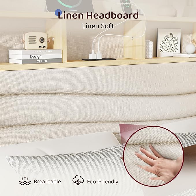 BRELTAM King Size Bed Frame with 6 Storage Drawers, Linen Upholstered Platform Bed with Charging Station,2-Tier Wave-Shaped Headboard Design,No Box Spring Needed,Easy Assembly,Beige