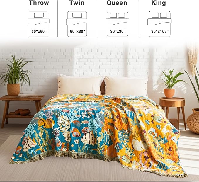 LUTBM Throw Blanket for Couch Sofa 100% Cotton Blankets for Bedroom Living Room Spring Soft All Season Reversible Underwater Ocean Life Embroidery Throws Coastal Home Decor 50"x60"