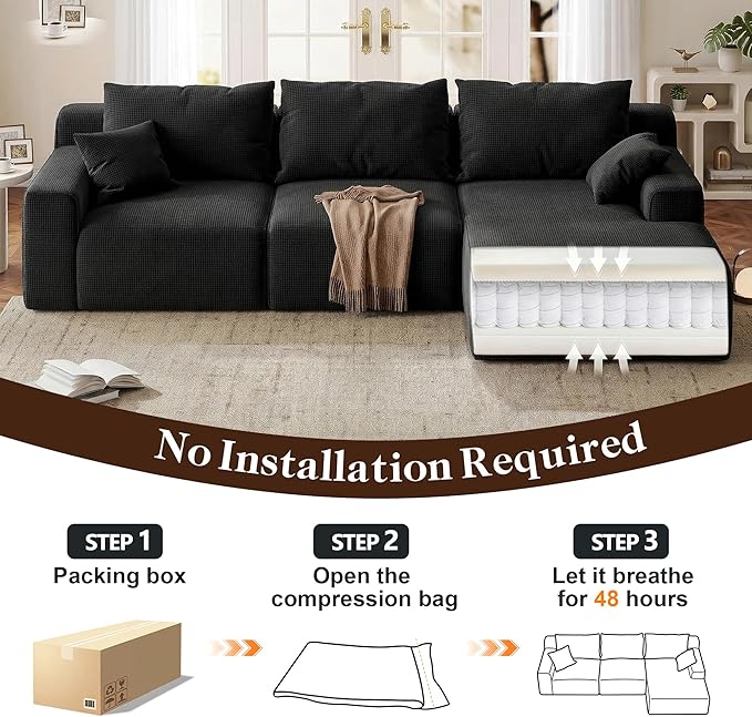 97”Modular Sectional Sofa, Cloud Sectional Couch with Deep Seat, Modern Modular L-Shape Sofa Couch, Upholstered Boneless Couches for Living Room Bedroom (Black Check, Right Facing Chaise)