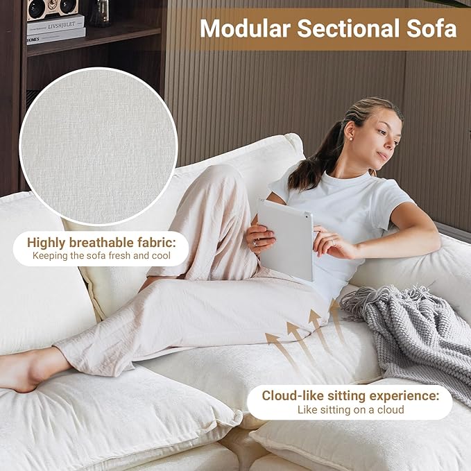 VINGLI 157" Cloud White/Cream Convertible Sectional Sofa, Comfy L-Shape Extra Deep Seat Sofa Couch for Living Room,Modern Chenille 4-Seat Convertible Sofa with Movable Ottoman for Small Space