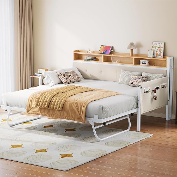 LIKIMIO Daybed with Trundle, Twin Bed Frame with Upholstered Headboard and Charging Station, Sofa Day Bed with Strong Supports for Living Room, Bedroom and Guest Room, White
