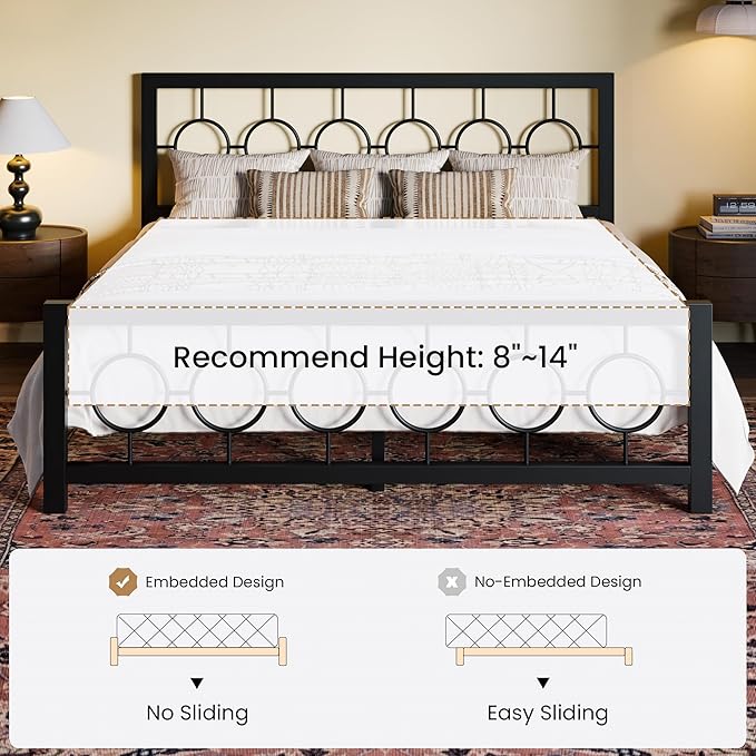 SHA CERLIN King Size Metal Bed Frame with Vintage Circular Design Headboard and Footboard,No Box Spring Required,Easy Assembly,Noise-Free,Black