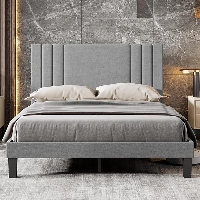 Tyndall Queen Size Bed Frame, Linen Fabric Upholstered Platform with Headboard