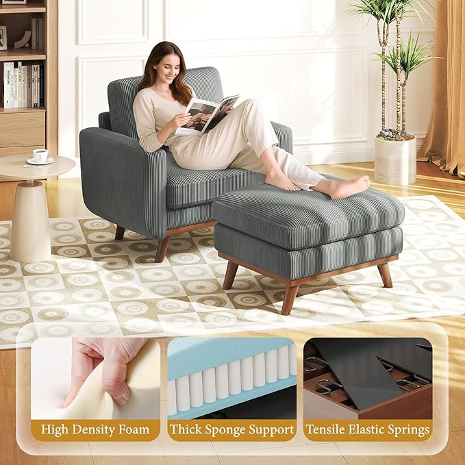 Vesgantti 38.5" Accent Chair with Movable Ottoman, Comfy Corduroy Armchair with Spring Cushion, Reading Chair with Ottoman, Modern Single Sofa for Living Room, Bedroom and Apartment, Dark Gray