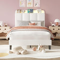 BarnFurin Twin Bed Frame with LED Lights, Upholstered Platform Bed with Storage Headboard, Kids Twin Bed Frame, No Box Spring Needed, Noise-Free, Easy Assembly, White