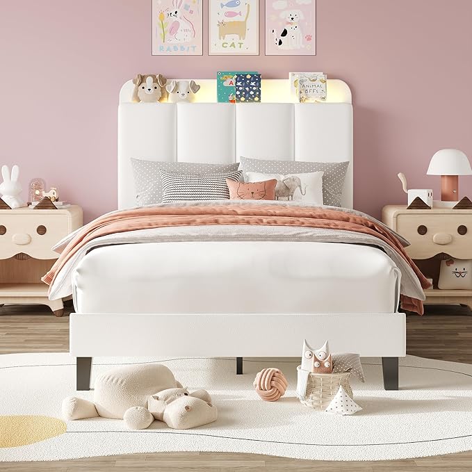 BarnFurin Twin Bed Frame with LED Lights, Upholstered Platform Bed with Storage Headboard, Kids Twin Bed Frame, No Box Spring Needed, Noise-Free, Easy Assembly, White