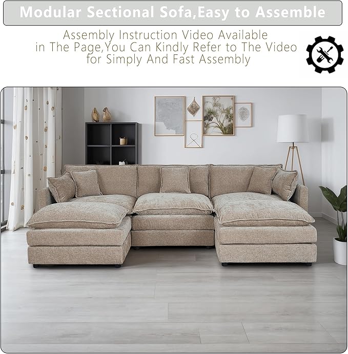 Setawix Deep 3 Seater Couch with Ottomans,112.2" U-Shaped Cloud Couches for Living Room,Chenille Cloud Sofa Couch with Deep Seat,Modular Sectional U Shape 3 Seat Sofa for Bedroom (Coffee, 3+2)