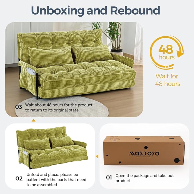 MAXYOYO Adjustable Floor Sofa Couch with 2 Pillows, Multi-Functional Bean Bag Bed, 5-Position Foldable Lazy Sofa Sleeper Bed with Armrest, Versatile Floor Seating for Reading, Green, Double
