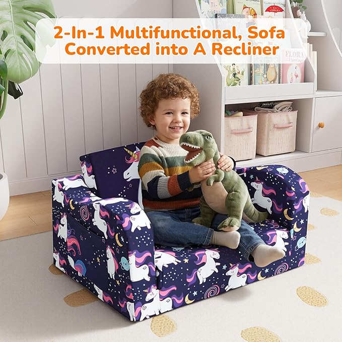 MeMoreCool Kids Folding Couch – Purple Unicorn Toddler Chair, Fold-Out 2-in-1 Sofa Bed Comfy Foam Seating, Washable Cover, Armrests & Side Pocket for Playroom or Nursery Ages 1–3