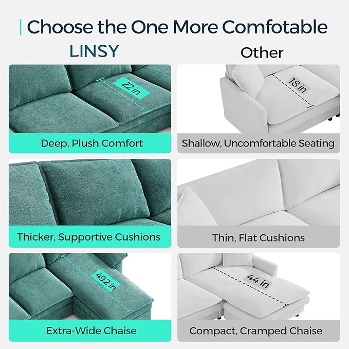 LINSY HOME Modular Sofa Chaise Lounge, 65" Cloud Sofa Bed Lounge with Armrests, Chenille Sleeper Sofa for Living Room, Apartment, Home Theater, Green