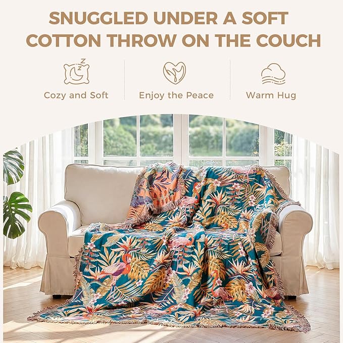 LUTBM Boho Throw Blanket for Bed Cotton Spring Blankets Bedroom Living Room Twin All Season Lightweight Forest Embroidery Quilt for Couch Sofa Chair 60"x80"