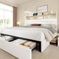 BRELTAM King Size Bed Frame with 6 Storage Drawers, Linen Upholstered Platform Bed with Charging Station,2-Tier Wave-Shaped Headboard Design,No Box Spring Needed,Easy Assembly,White