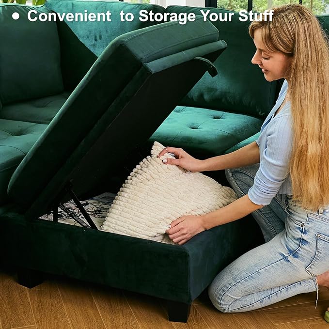 Belffin Modular Sectional Sleeper Sofa with Pull Out Bed Convertible Velvet Sleeper Sofa with Storage Sectional Couches for Living Room Green