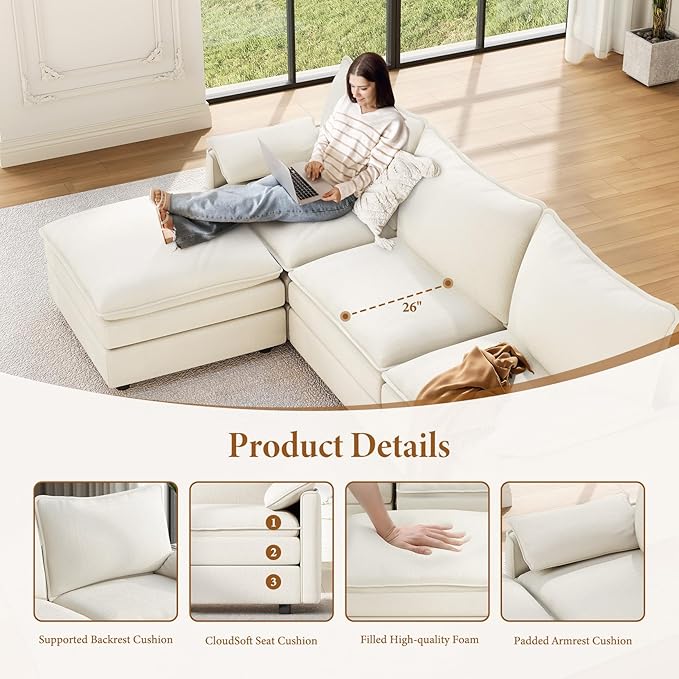 Vesgantti 142" U Shaped Sectional Couch, Comfy Cloud Modular Sectional Sofa with 2 Ottoman Deep Seat Chenille Modern Cloud Sofa, Modular Sofas for Living Room, Bedroom and Apartment, Snow White