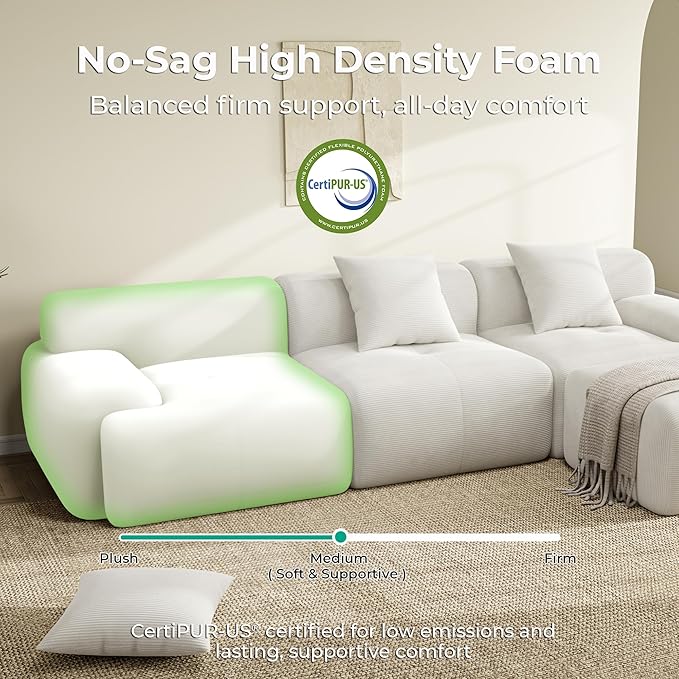 LIKIMIO LumiCord Modular Sectional Sofa with Ottoman, 118" L-Shaped Boneless Couch for Living Room, Oversized Deep Seat with Corduroy Upholstery, No Assembly Required, Beige