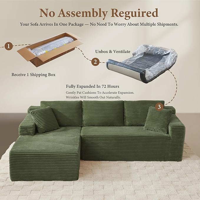 95" Sectional Couches for Living Room Cloud Couch Sofa with L-Shape Upholstered Boneless Couchs Modern Modular Sectional Couch with Chaise (Green, 95" W+Left Facing Chaise+2Seaters)
