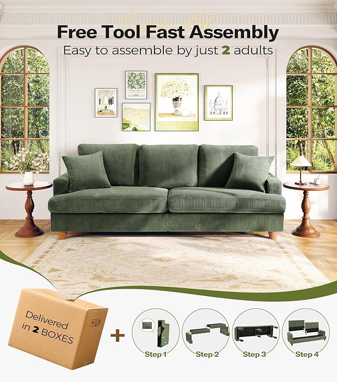 Kidirect 87in U Shaped Couch, Modular Sofa No Tool Assembly, Comfy Sectional Couches for Living Room 21in Deeper Seats, Corduroy Sofas for Living Room with 2 Pillows, Loveseat Sofa Set, Green Couch | Comfy Corduroy, Oversized 87in Couch, 850LB Tough, T...