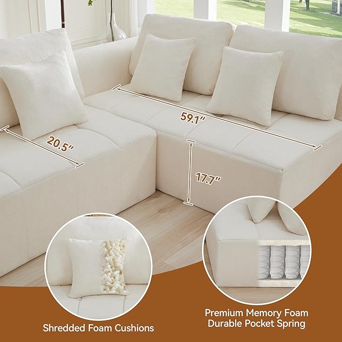 140''Modular Sectional Couches for Living Room, Cloud Boneless Compressed Sectional Sofa, Oversized 4 Seater Upholstered Memory Foam Sofa, No Assembly, Chenille Beige