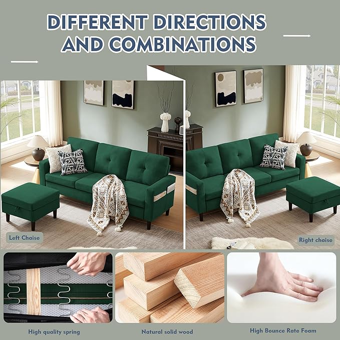 79" Convertible Sectional Sofa, Small L Shaped 3 Seat Couch with Storage Chaise and Side Pocket, Modern Linen Fabric Reversible Sofa Couches for Living Room, Apartment and Small Space