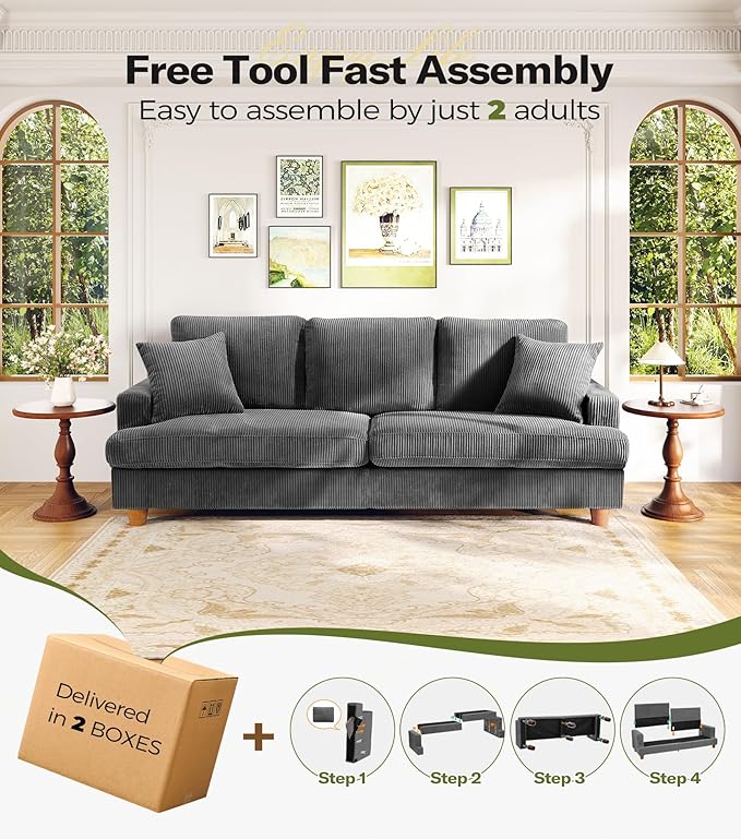 Kidirect 87in Corduroy Couch, Sofa No Tool Assembly, Comfy Couches for Living Room 21in Deeper Seats, Corduroy Sofas for Living Room with 2 Pillows, Oversized Loveseat Sofa, Boho Love Seat Grey Couch