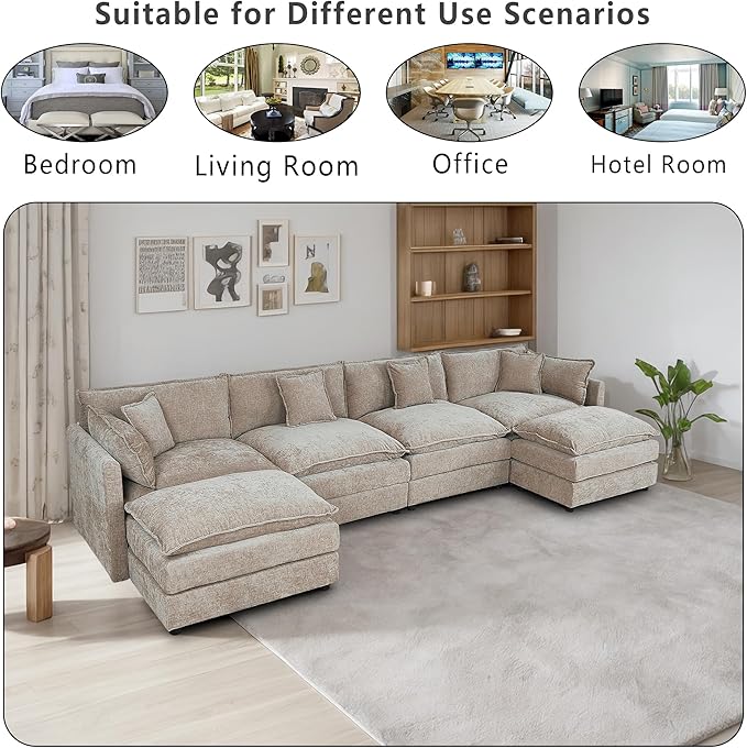 Setawix Deep 4 Seater Couch with Ottomans,147.22" U-Shaped Cloud Couches for Living Room,Chenille Cloud Sofa Couch with Foorest,Modular Sectional U Shape 4 Seat Sofa for Bedroom (Coffee, 4+2)