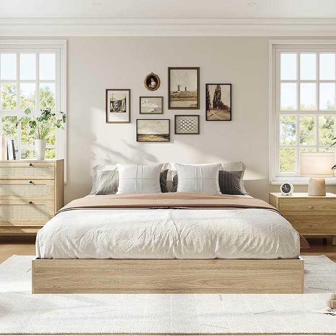 Solid Wood Platform Bed with Sturdy Wooden Slats, Full Size Floor-Standing Bed Frame, Modern Minimalist Design Space-Saving Bed Frame, No Box Spring Needed, Easy Assembly
