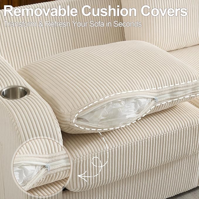 87.4" Oversized 3 Seater Couch,Upholstered Sofa for Living Room,Modern Deep Seat Comfy Loveseat Couches with Cup Holders, Love Seat Sofa Corduroy (Beige)