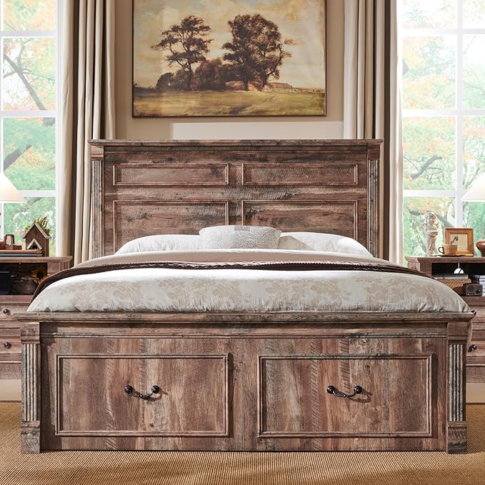 Aitjunz Farmhouse Full Size Bed Frame with 51" Tall Headboard, Wood Platform Bed Frame with 20" Tall Roman Column Decoration Footboard & 2 Large Storage Drawers, No Box Spring Needed (Light Brown)