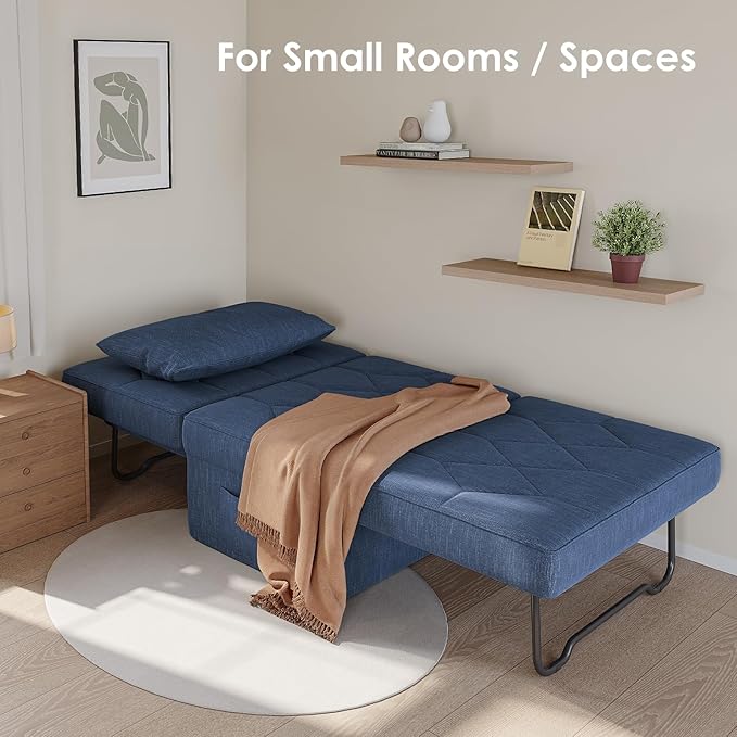 Convertible Sofa Bed with 5-Level Adjustable Backrest, 70" D x 34" W 4-in-1 Folding Ottoman Sleeper Chair Bed, Modern Single Futon Couch for Living Room Apartment Dorm Small Space, Navy Blue