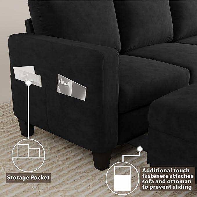 Sectional Sofa and Couches for Living Room, 78'' Black 3 Seat L-Shaped Couch with Movable Ottoman, Comfy Velvet Convertible Sectionals Sofas with Chaise for Apartment, Dorm, Small Space