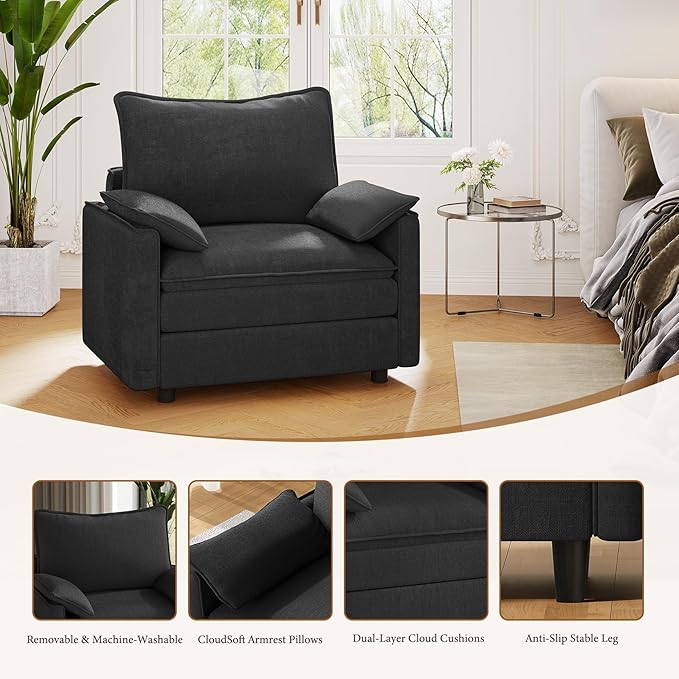 Vesgantti 40" Single Seat Sofa, Comfy Cloud Couch Deep Seat Upholstered Couch Chenille Modern Sofa with Armrest Pillows, Easy Assembly for Living Room, Bedroom and Apartment, Black