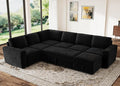 HONBAY Modular Sectional Sleeper Sofa with Pull Out Bed,Corduroy U Shaped Couch with Storage, Sectional Couches for Living Room,Black