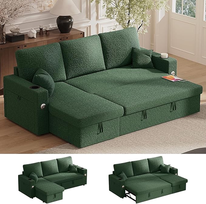 Sleeper Sofa Bed, 4-in-1 Pull Out Couch with Reversible Chaise | Dual USB & Type-C Charging | Dual Cup Holders | Layered Storage (Armrest + Chaise) for Living Room (Classic Green)