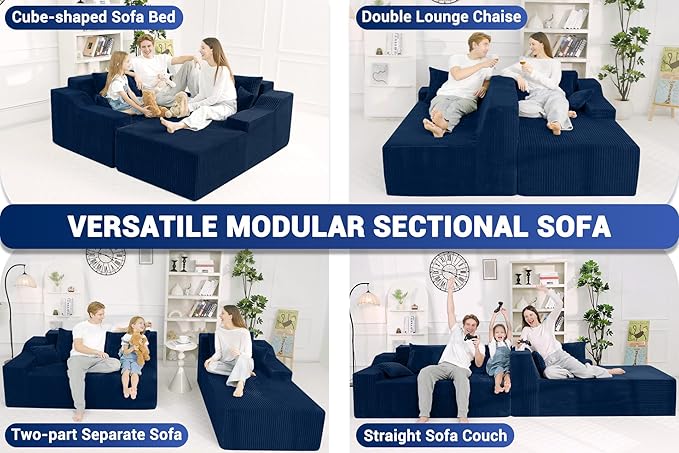 HABUTWAY 101'' Modular Sectional Sofa Cloud Couch with Deep Seat, Modern L-Shaped Convertible Couches Upholstered Couch with Chaise for Living Room Bedroom(Blue, Right-Facing Chaise)
