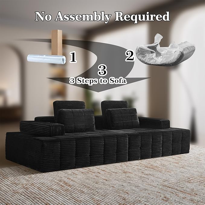 Modular Sectional Sofa with Movable Handrails, Straight-Row Boneless Sofa Sectional Couch for Living Room, Deep Seat Memory Foam Faux Rabbit Fur Fabric Sofa, No Assembly Required(Black)