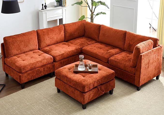 Luxe Oversized Modular Sectional Sofa Set，Modern Chenille Comfy Sectional Cloud Couch for Living Room (6-Seater + 1*Ottoman, Orange)