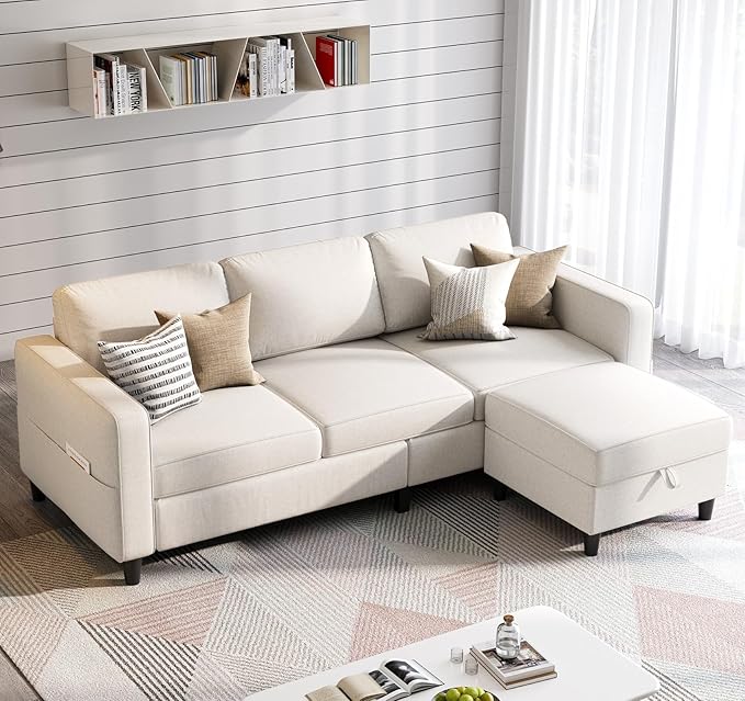 Sectional Sofas Couches for Living Room 78" L-Shaped Couch - Modern Linen Beige Sofa with Storage Ottoman USB for Apartments, Studios & Home Offices, Small Space
