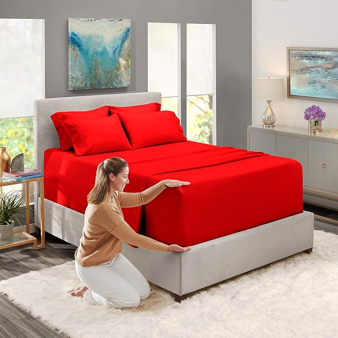 Hearth & Harbor Extra Deep Pocket Sheets - Fits Mattress 18-24 Inches Deep - Extra Deep Pocket Split King Size Sets - 7 Piece Split King Size - Cherry Red