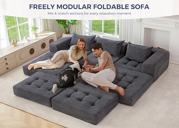 MAXYOYO Modular Sectional Sofa Couch, Foldable L-Shaped Folding Sofa Bed with Ottoman, Convertible Sectional Couch Corded Tufted Floor Sofa Lounger with Pillows for Living Room, No Assembly, Dark Grey