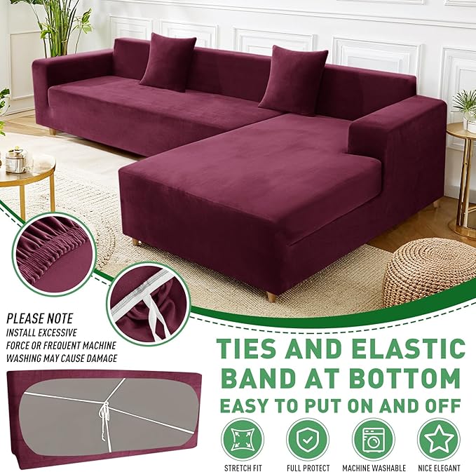 ZNSAYOTX 2026 Soft Velvet Sectional Couch Covers, Luxury Plush Slipcovers with Elastic Bottom for L Shape Sectional Sofa, 2 Pcs Pet Friendly Protector (3 Seat Couch + 2 Seat Chaise, Wine Red)