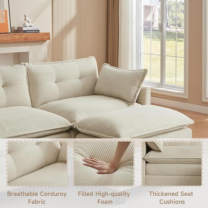 Modular Sectional Sofa, 76.5" L-Shaped Corduroy Comfy Sectional Couches for Living Room, 2-Seater Cloud Couches with 1 Movable Ottoman, Flexible Combination Modern Deep Seat Sofa (Beige)