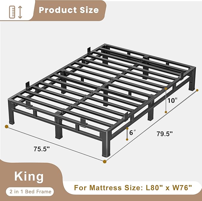 ROIL 10 Inch King Bed Frame, Metal Bed Frame & Box Spring 2 in 1 Platform with Round Corner Legs, 4000LBS Double Layer Low Profile Metal Platform Mattress Baffles, Noise-Free Easy Assembly