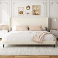 Sismplly King Bed Frame with Wingback Headboard, Velvet Upholstered Platform Bed with Wooden Slats, 6.46“ Under Bed Storage, Metal Support, Noise Free, No Box Spring Needed, Beige