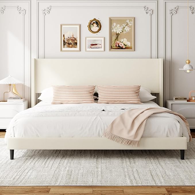 Sismplly Queen Bed Frame with Wingback Headboard, Velvet Upholstered Platform Bed with Wooden Slats, 6.46“ Under Bed Storage, Metal Support, Noise Free, No Box Spring Needed, Beige